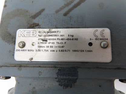 KEB G1.2B DA80G4 FI Inline Gearmotor 13.67:1 Reducer 1690/124rpm .75Kw 230/460V