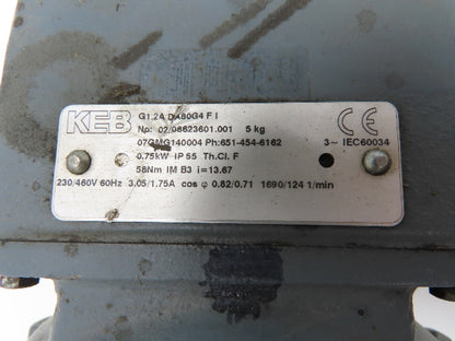 KEB G1.2B DA80G4 FI Inline Gearmotor 13.67:1 Reducer 1690/124rpm .75Kw 230/460V
