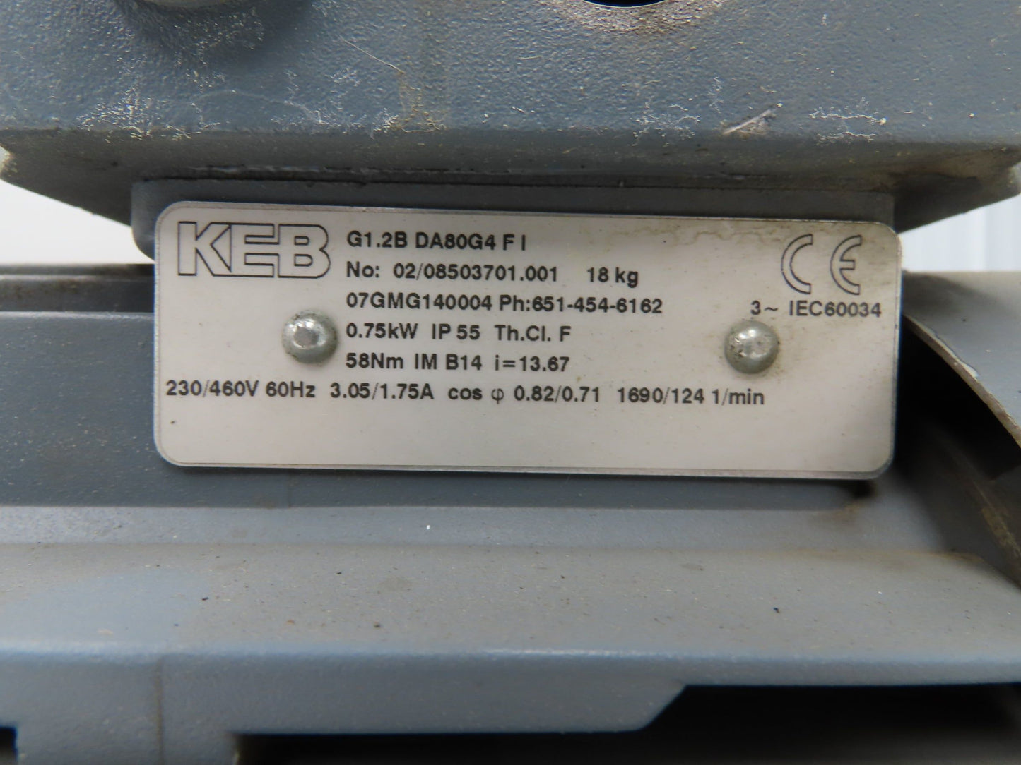 KEB G1.2B DA80G4 FI Inline Gearmotor 13.67:1 Reducer 1690/124rpm .75Kw 230/460V