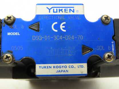 Yuken DSG-01-3C4-D24-70 Directional Solenoid Valve 3 Pos 4 Way 24VDC W/Manifold