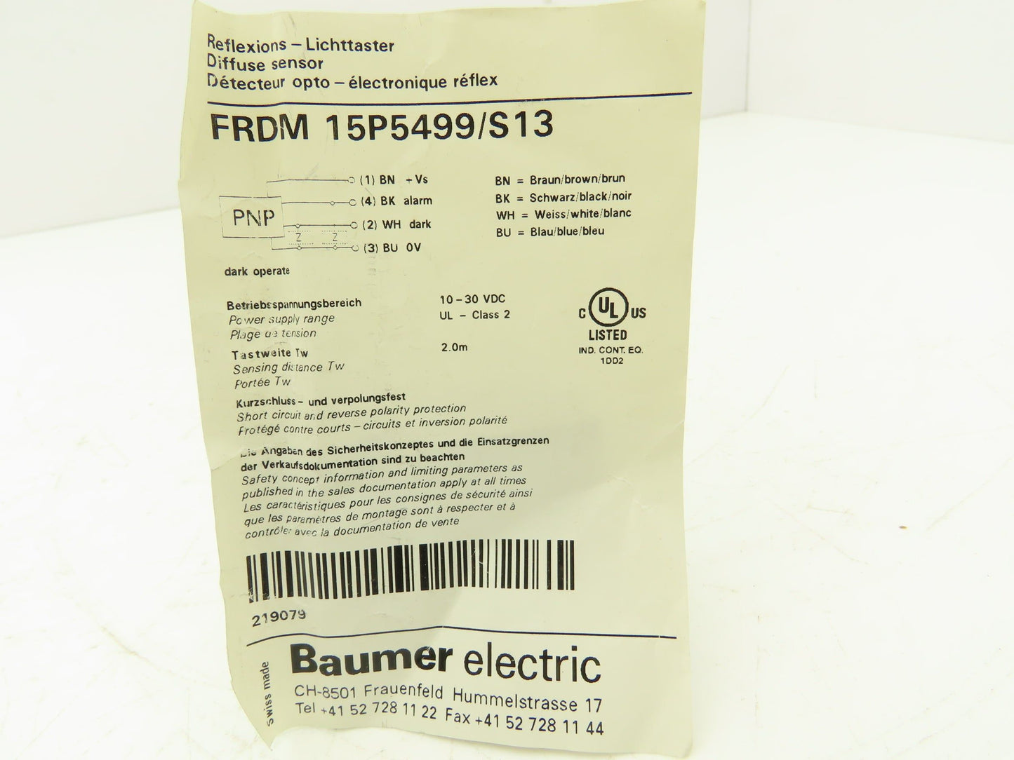 Baumer FRDM 15P5499/S13 Photoelectric Sensor Switch Photo Eye 12/24VDC