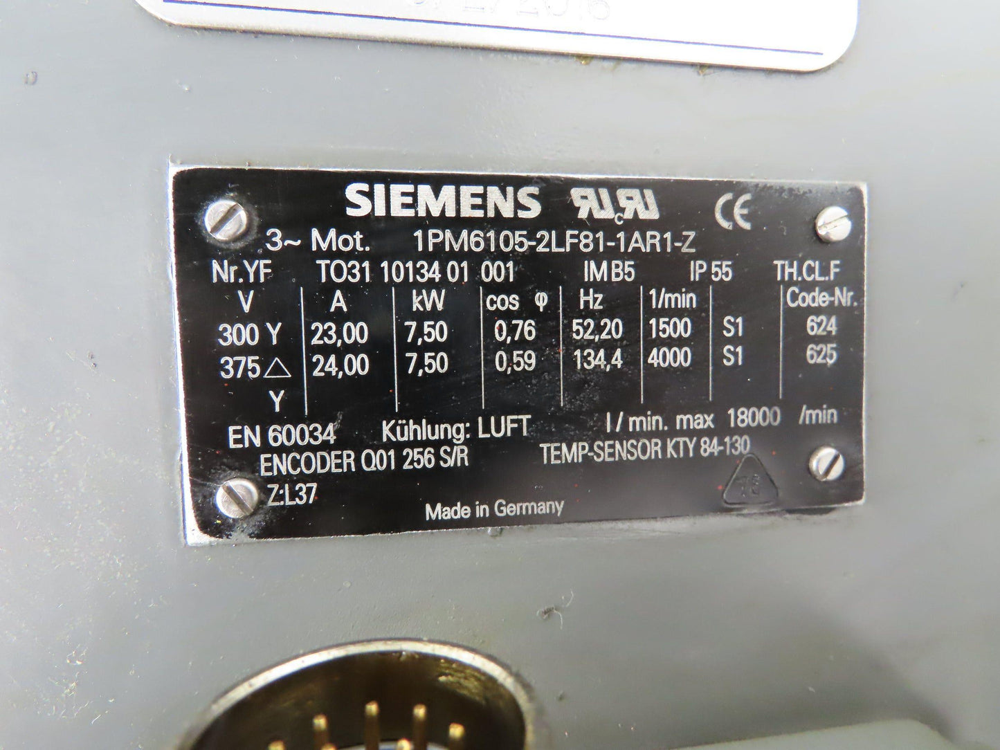 Siemens 1PM6105-2LF81-1AR1-Z Servo Motor 7.5Kw 4000 RPM Encoder Q01 256 S/R
