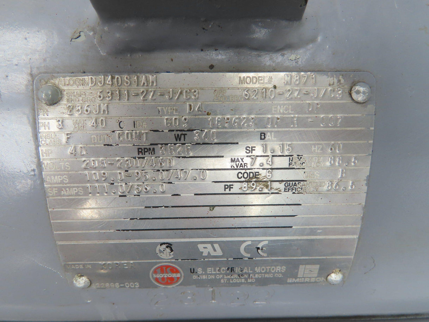 Emerson Electric DJ40S1AM AC Pump Motor 40Hp 3525 RPM 230/460V 3Ph 286JM