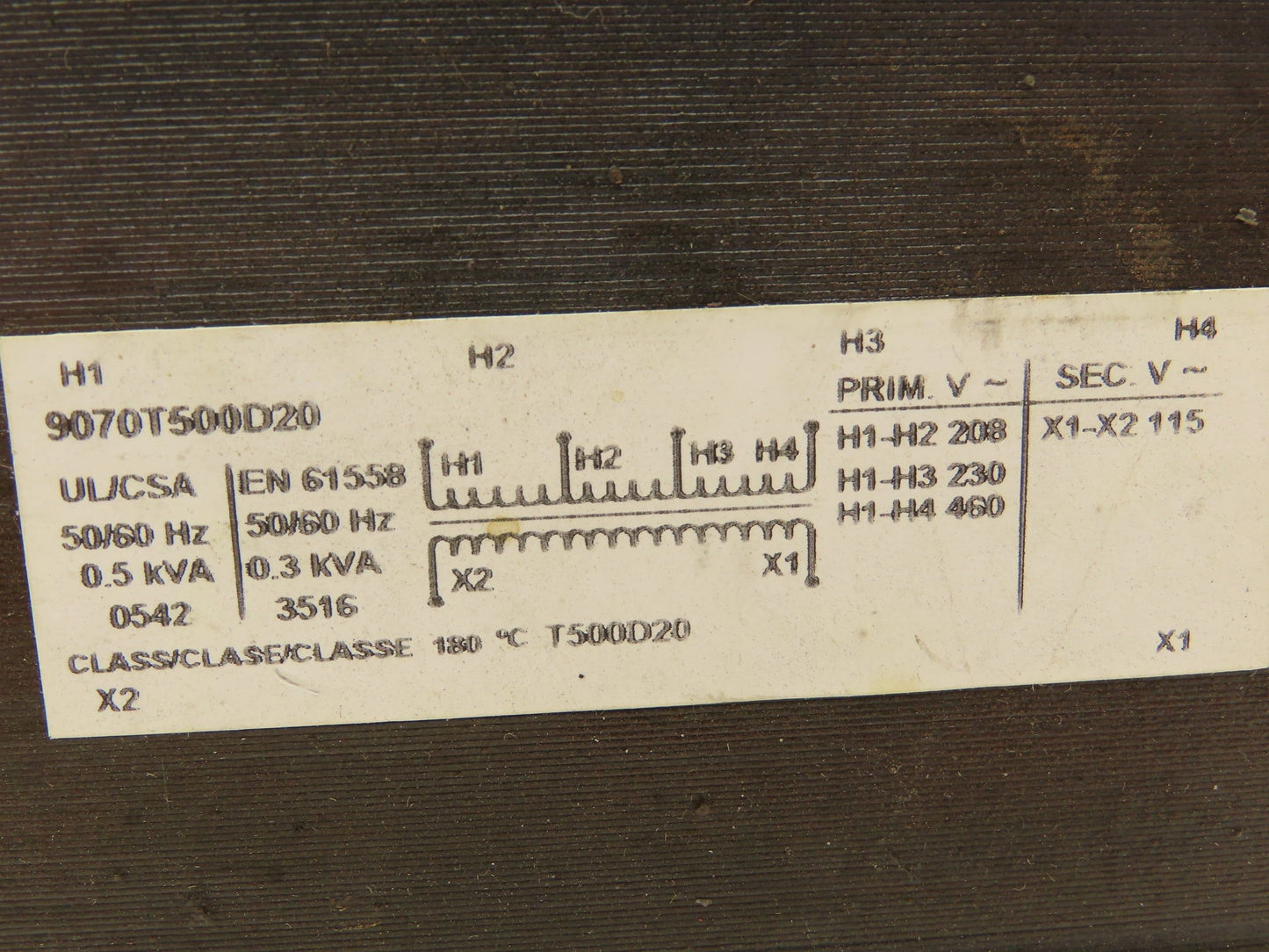 Square D 9070T500D20 Power Transformer 500VA 1Ph HV 208/230/460 LV 115 Class 180