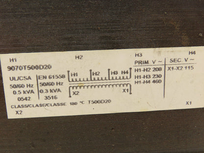 Square D 9070T500D20 Power Transformer 500VA 1Ph HV 208/230/460 LV 115 Class 180