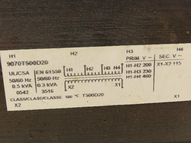 Square D 9070T500D20 Power Transformer 500VA 1Ph HV 208/230/460 LV 115 Class 180