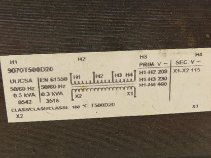 Square D 9070T500D20 Power Transformer 500VA 1Ph HV 208/230/460 LV 115 Class 180