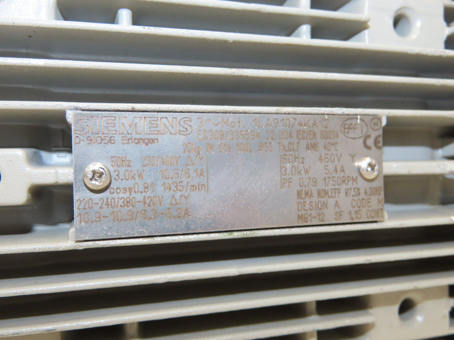 Siemens 1LA91074KA12 Metric AC Motor 3kw 1435rpm 460V 3PH IEC 100L