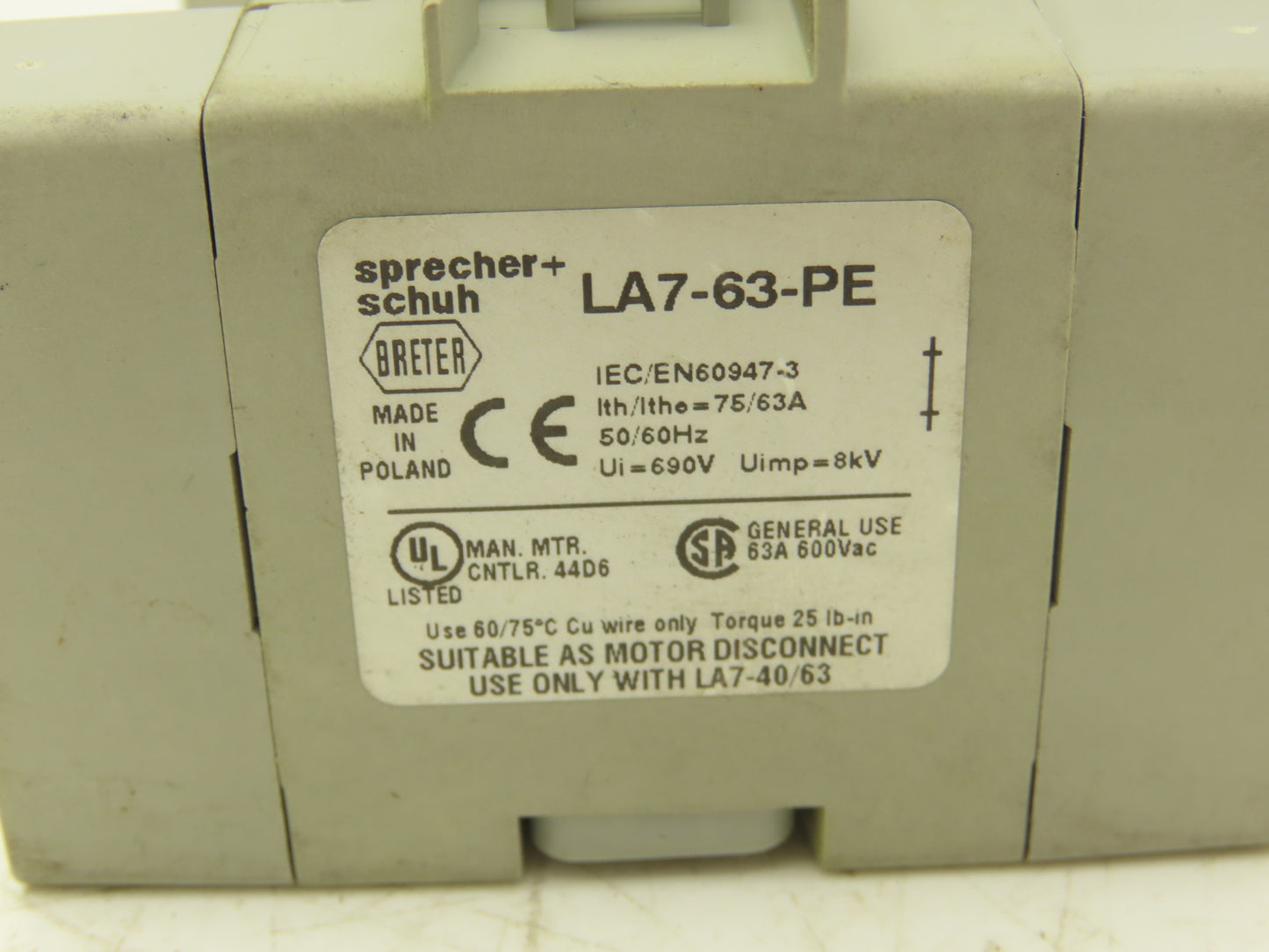 Sprecher+Schuh LA7-63-1753 Motor Disconnect Switch Through Door 25Hp 600v 3ph
