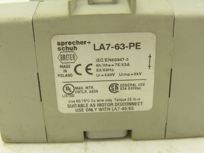 Sprecher+Schuh LA7-63-1753 Motor Disconnect Switch Through Door 25Hp 600v 3ph