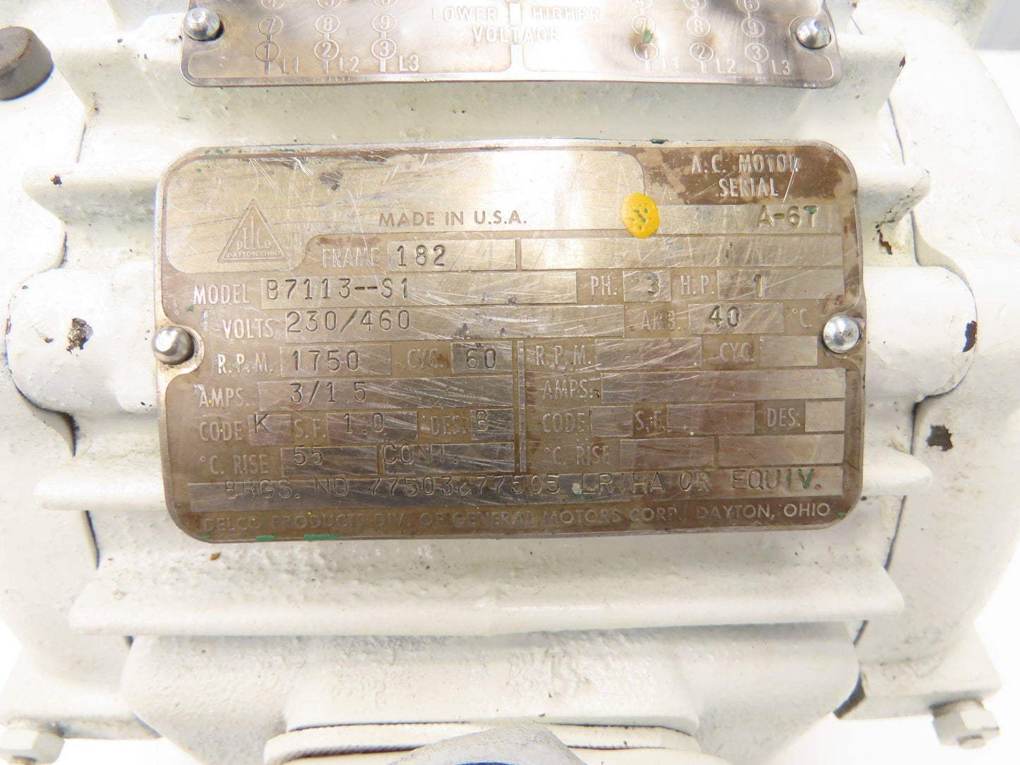 Delco B7113-S1 AC Motor 1Hp 1750rpm 230/460V 3PH 182 Foot Mount No Cover