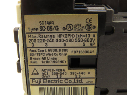 Fuji Electric SC-05/G | TR-0N/3 Motor Starter 5Hp 600V 3Ph Heater 2.6A Lot of 6