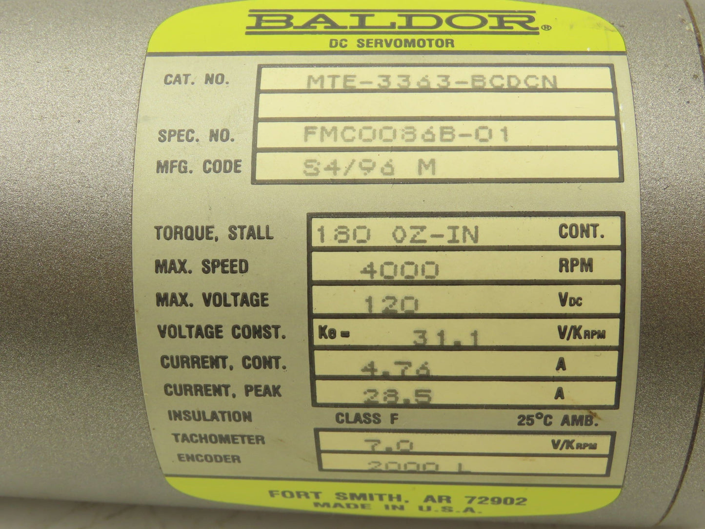 Baldor MTE-3363-BCDCN DC Servo Motor 4000rpm 120VDC 180 OZ-IN