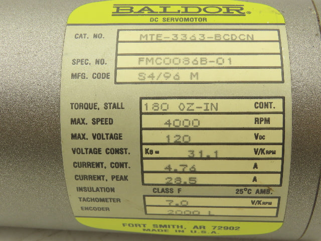 Baldor MTE-3363-BCDCN DC Servo Motor 4000rpm 120VDC 180 OZ-IN