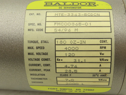 Baldor MTE-3363-BCDCN DC Servo Motor 4000rpm 120VDC 180 OZ-IN
