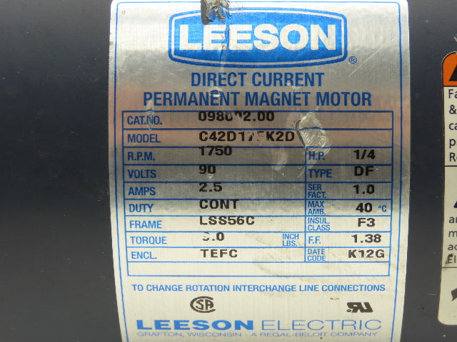 Leeson C42D17FK2D Permanent Magnet DC Motor 1/4Hp 1750rpm 90VDC 56C TEFC