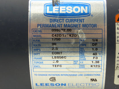 Leeson C42D17FK2D Permanent Magnet DC Motor 1/4Hp 1750rpm 90VDC 56C TEFC