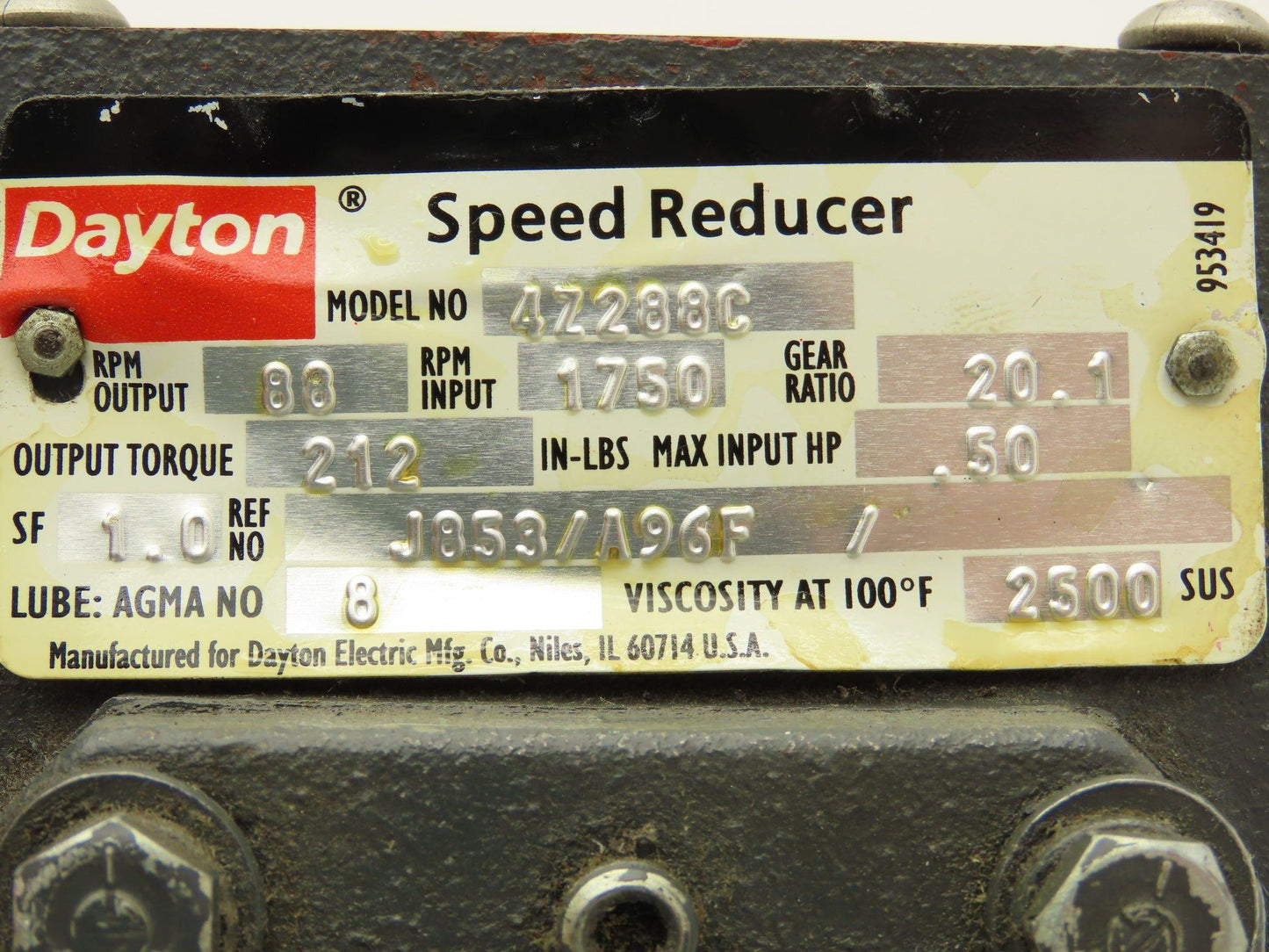 Dayton 4Z288C Worm Gearbox 20:1 Reducer 88rpm 1/5Hp 56C Left Hand Output