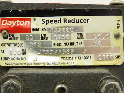 Dayton 4Z288C Worm Gearbox 20:1 Reducer 88rpm 1/5Hp 56C Left Hand Output