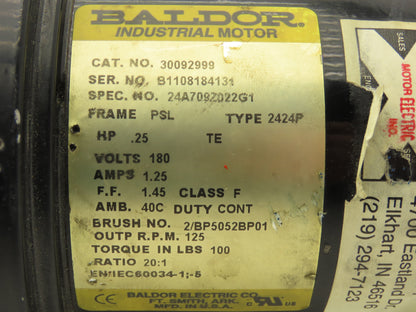 Baldor 24A709Z022G1 DC Gearmotor 20:1 Ratio 1/4Hp 125rpm 180V PSL Inline
