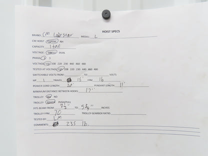 CM Lodestar L 1 Ton Electric Chain Hoist 16 FPM 15' Lift 120 Volt Power Trolley