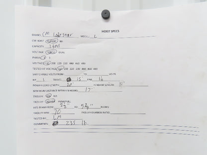 CM Lodestar L 1 Ton Electric Chain Hoist 16 FPM 15' Lift 120 Volt Power Trolley