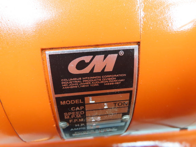 CM Lodestar L 1 Ton Electric Chain Hoist 16 FPM 15' Lift 120 Volt Power Trolley