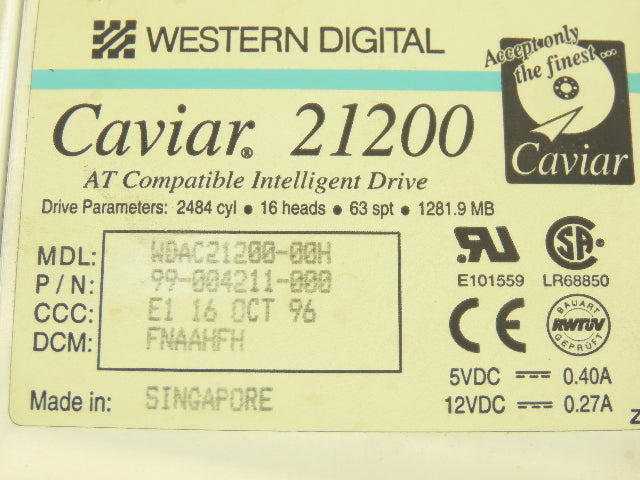 Western Digital 21200 Caviar Hard Drive AT Compatible IDE 1281.9MB