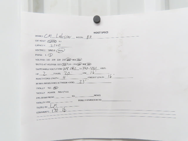 CM Lodestar RR 2 To Electric Chain Hoist 16 FPM 20' Lift 230/460 V 16' Pendant