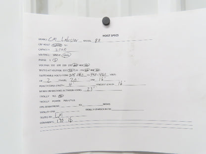 CM Lodestar RR 2 To Electric Chain Hoist 16 FPM 20' Lift 230/460 V 16' Pendant