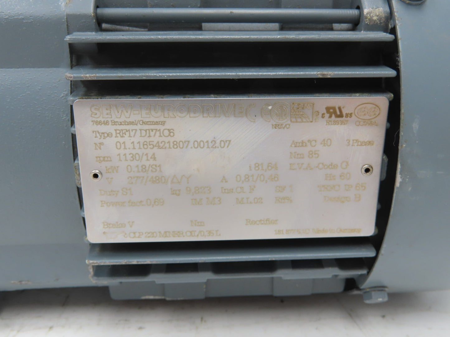 Sew Eurodrive RF17DT71C6 Gearmotor 80:1 Ratio 0.18kW 14rpm 277/480V DT71 TEFC