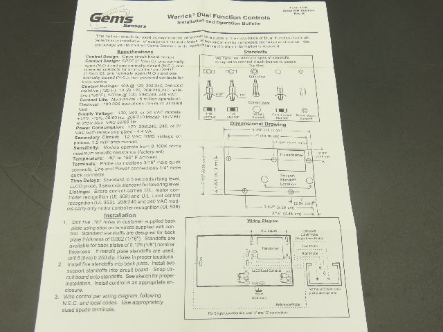 Warrick Controls DFC1C4 Dual Function Control 50K Direct 120vac 6"x6" Enclosure
