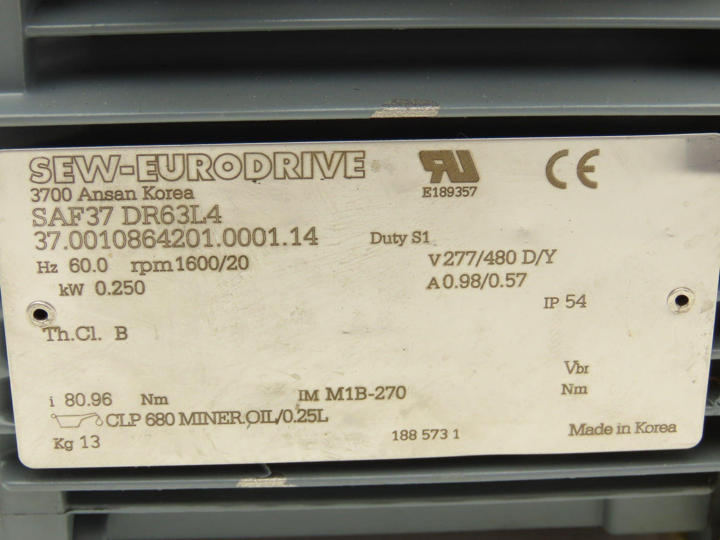 Sew Eurodrive SAF37 DR63L4 AC Motor 0.25kW 1600rpm 277/480V 3PH IEC 63