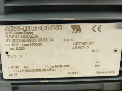 Sew Eurodrive SAF37 DR63L4 AC Motor 0.25kW 1600rpm 277/480V 3PH IEC 63