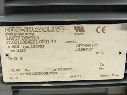 Sew Eurodrive SAF37 DR63L4 AC Motor 0.25kW 1600rpm 277/480V 3PH IEC 63
