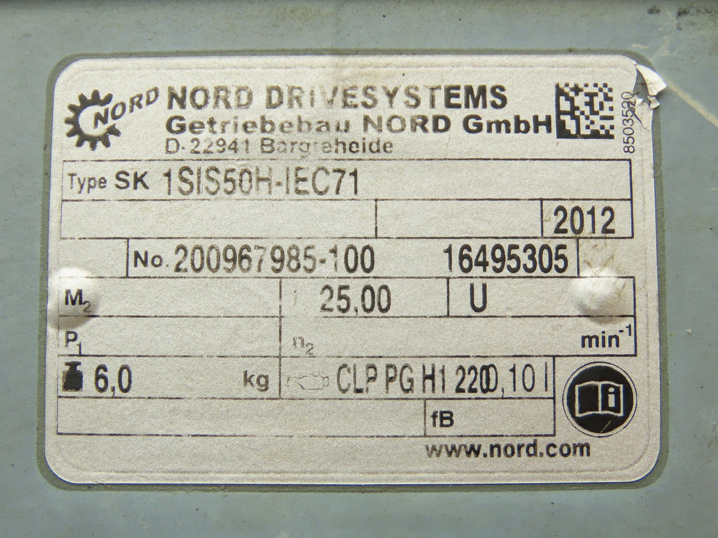 Nord SK1SIS50HIEC71 Worm Gearbox 25:1 Reducer 70rpm IEC71 Hollow Output