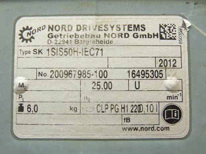 Nord SK1SIS50HIEC71 Worm Gearbox 25:1 Reducer 70rpm IEC71 Hollow Output