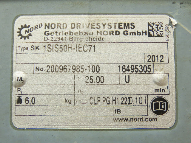 Nord SK1SIS50HIEC71 Worm Gearbox 25:1 Reducer 70rpm IEC71 Hollow Output