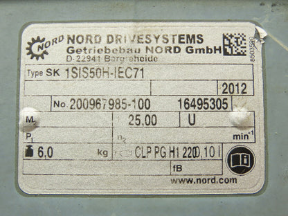 Nord SK1SIS50HIEC71 Worm Gearbox 25:1 Reducer 70rpm IEC71 Hollow Output