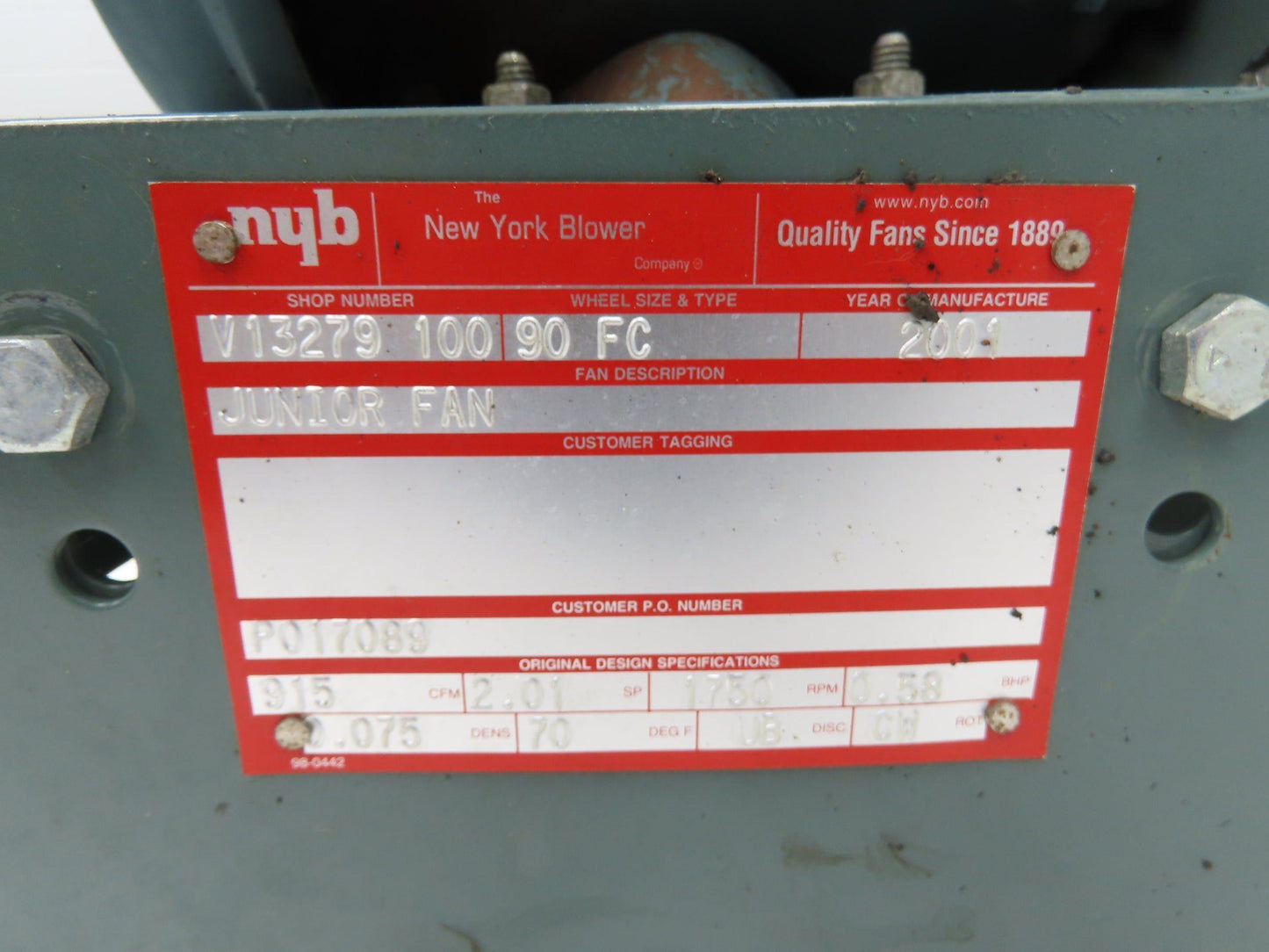 NYB New York Blower 90 FC Forward Curved Fan 9" 3/4Hp 1750 RPM 230/460V 915CFM