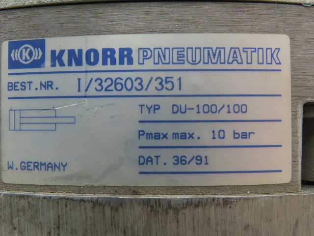 Knorr DU-100/100 Pneumatic Air Cylinder 100mm Bore 100mm Stroke 145psi