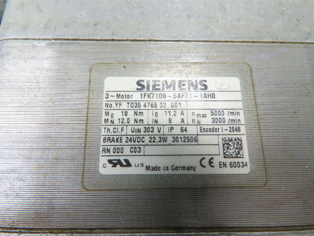 Siemens 1FK7100-5AF71-1AH0 Servo Motor 3000 RPM