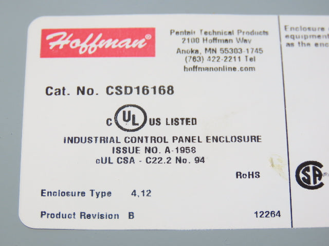 Hoffman CSD16168 Electrical Enclosure 16"x16"x8" Wall Mount Backplate
