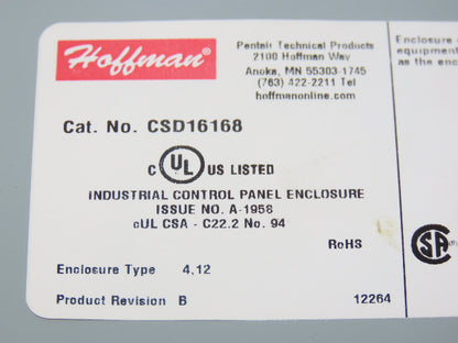 Hoffman CSD16168 Electrical Enclosure 16"x16"x8" Wall Mount Backplate