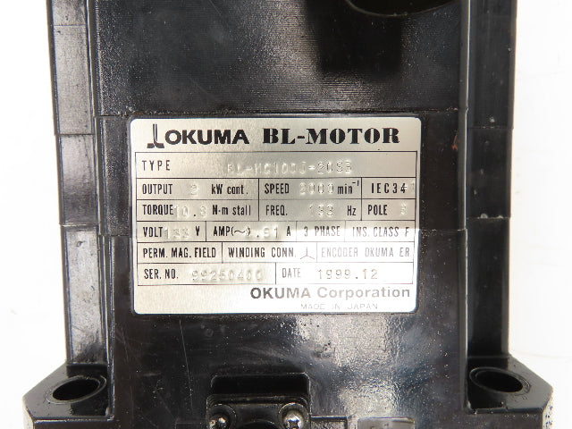 Okuma BL-MC100J-20SB AC Servo Motor 2kW 2000 RPM 133V 8.91A 3PH Encoder