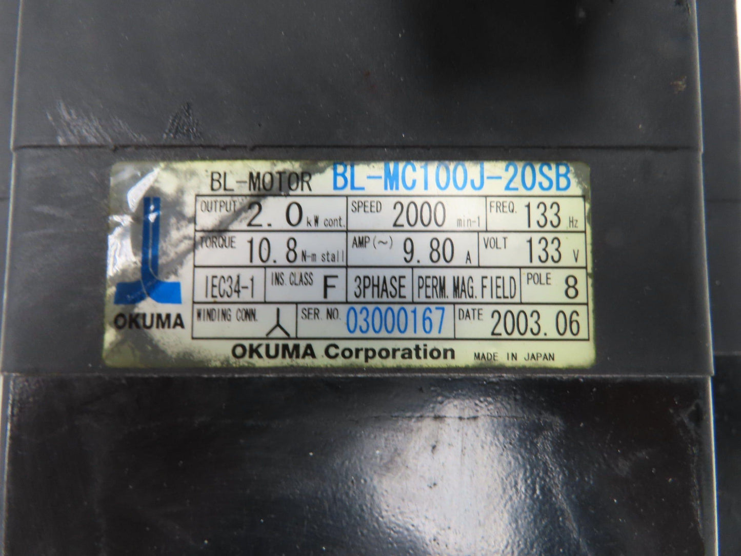 Okuma BL-MC100J-20SB AC Servo Motor 2kW 2000 RPM 133V 8.91A 3PH Encoder