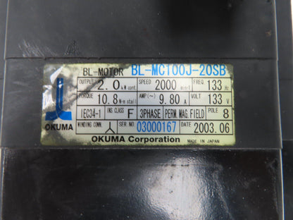 Okuma BL-MC100J-20SB AC Servo Motor 2kW 2000 RPM 133V 8.91A 3PH Encoder