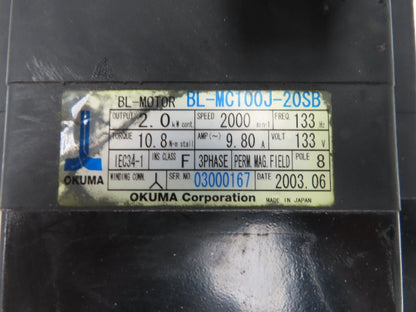 Okuma BL-MC100J-20SB AC Servo Motor 2kW 2000 RPM 133V 8.91A 3PH Encoder