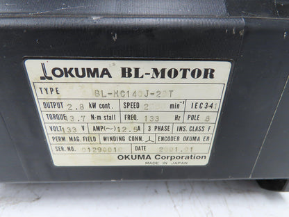 Okuma BL-MC140J-20T AC Servo Motor 2.8kW 133V 2000 RPM 3PH Encoder ER-J-7200D