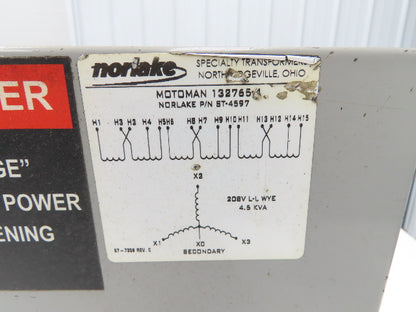 Norlake Motoman ST-4597 Power Transformer 4.5kVA 3Ph HV 575/480/240 LV 208